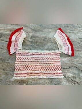 River Island Red White Smocked Off Shoulder Crop Top UK 6 Boho Festival